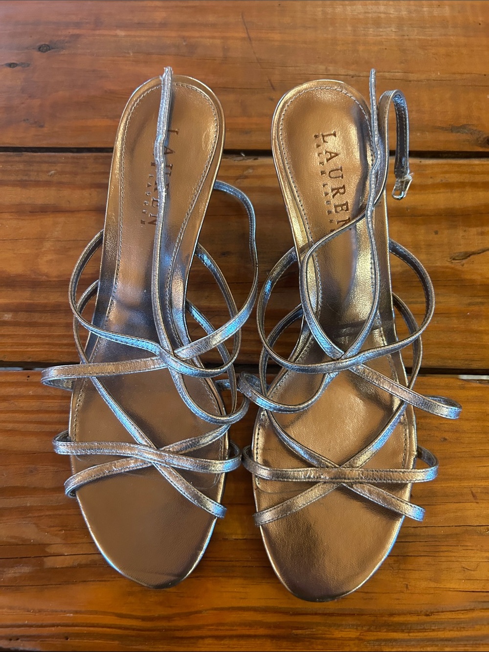 LAUREN Ralph Lauren Never Pewter Gray Metallic Strappy Sandal size 8B